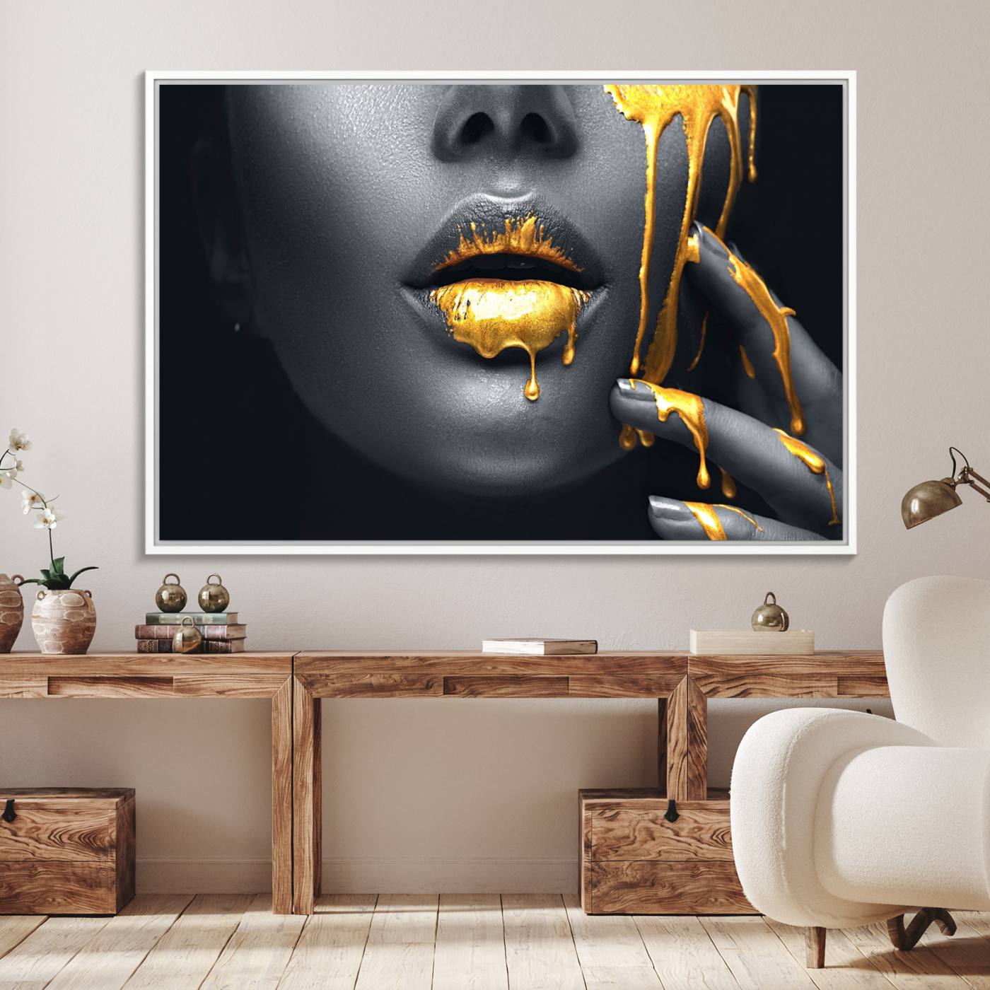 57101-MGV-FC-36X24_White-Gold Lips and Black Woman Makeup Canvas Print, Black Woman with Gold Lips Print Wall Art