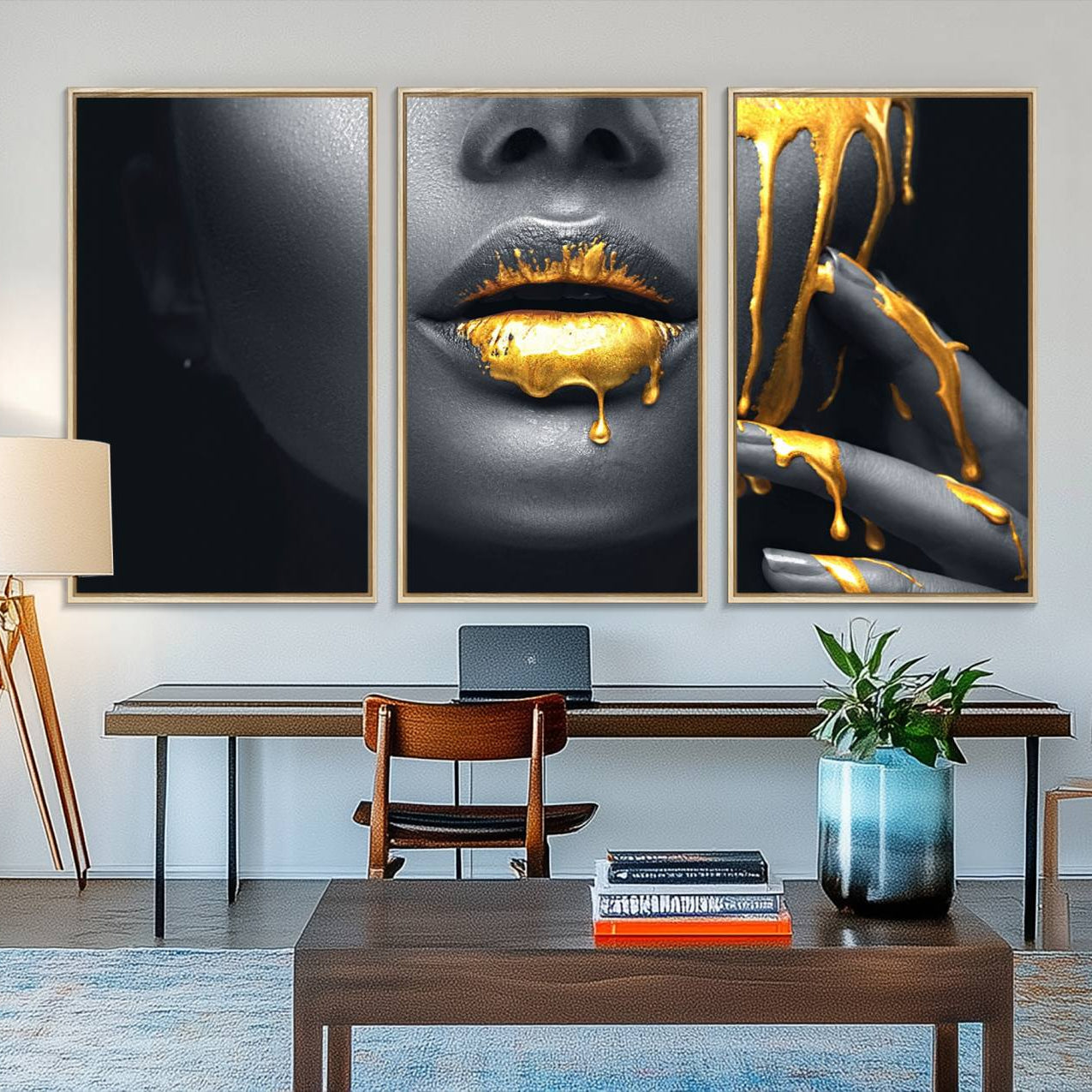 57101-MGV-FC-48X32-3P_Natural-Gold Lips and Black Woman Makeup Canvas Print, Black Woman with Gold Lips Print Wall Art