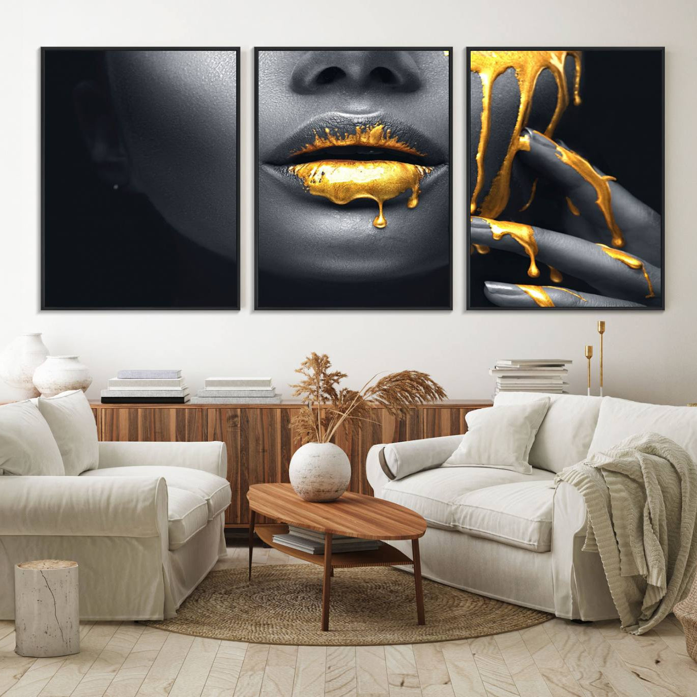 57101-MGV-FC-60X30-3P_Black-Gold Lips and Black Woman Makeup Canvas Print, Black Woman with Gold Lips Print Wall Art