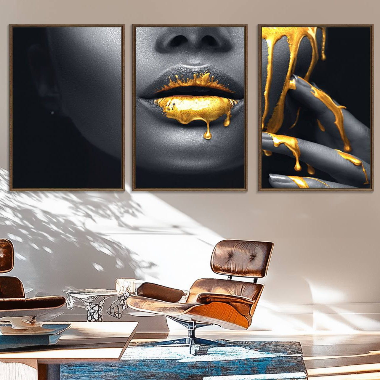 57101-MGV-FC-60X30-3P_Walnut-Gold Lips and Black Woman Makeup Canvas Print, Black Woman with Gold Lips Print Wall Art