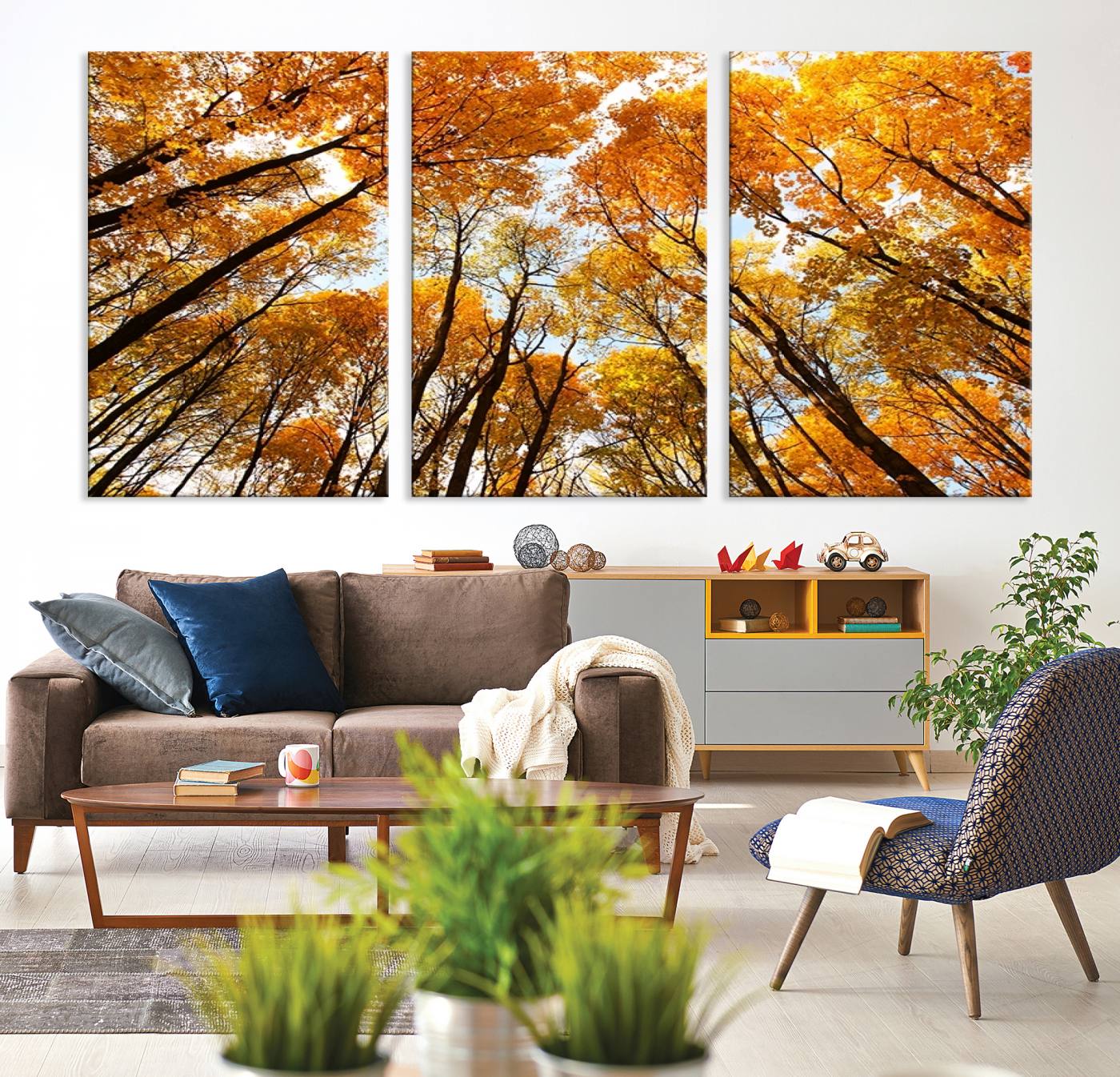-Golden Autumn Forest Wall Art Print - Vibrant Tree Canopy with Warm Yellow and Orange Foliage, Ready
