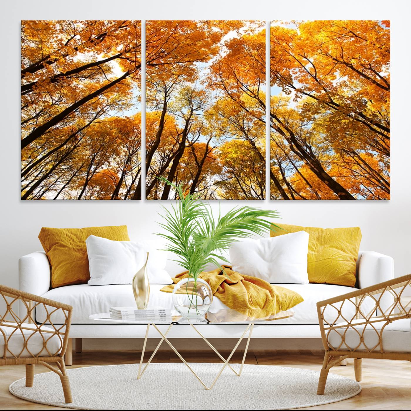 -Golden Autumn Forest Wall Art Print - Vibrant Tree Canopy with Warm Yellow and Orange Foliage, Ready