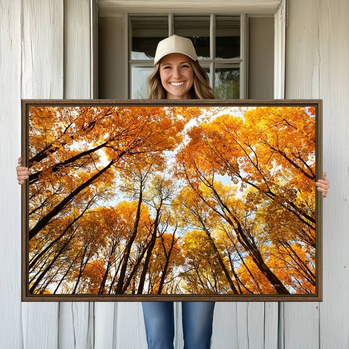 -Golden Autumn Forest Wall Art Print - Vibrant Tree Canopy with Warm Yellow and Orange Foliage, Ready