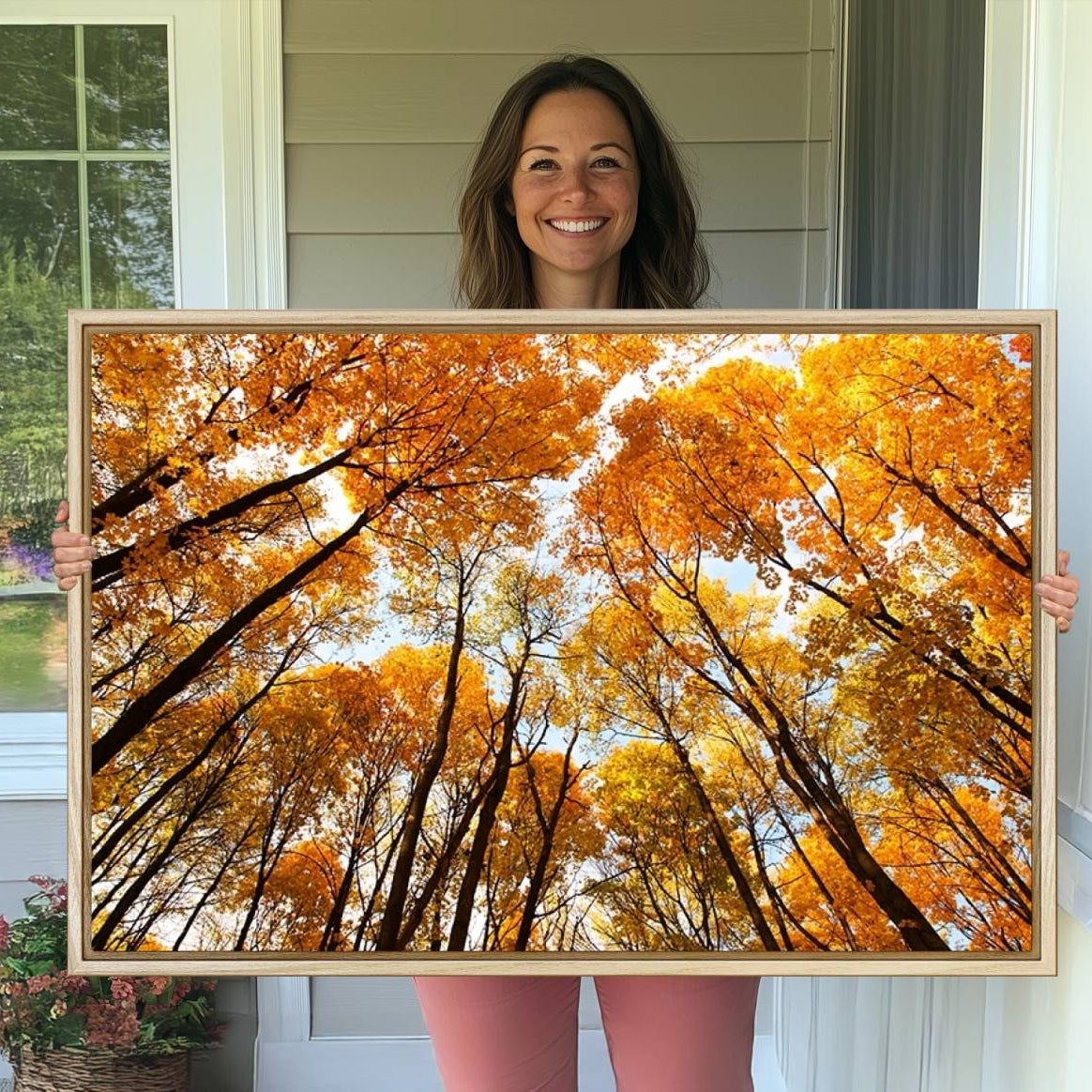 -Golden Autumn Forest Wall Art Print - Vibrant Tree Canopy with Warm Yellow and Orange Foliage, Ready