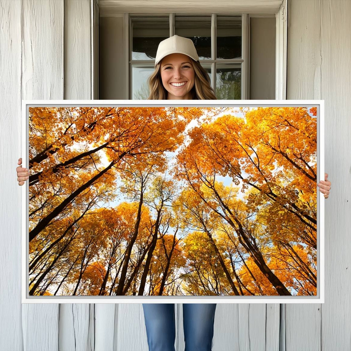 -Golden Autumn Forest Wall Art Print - Vibrant Tree Canopy with Warm Yellow and Orange Foliage, Ready