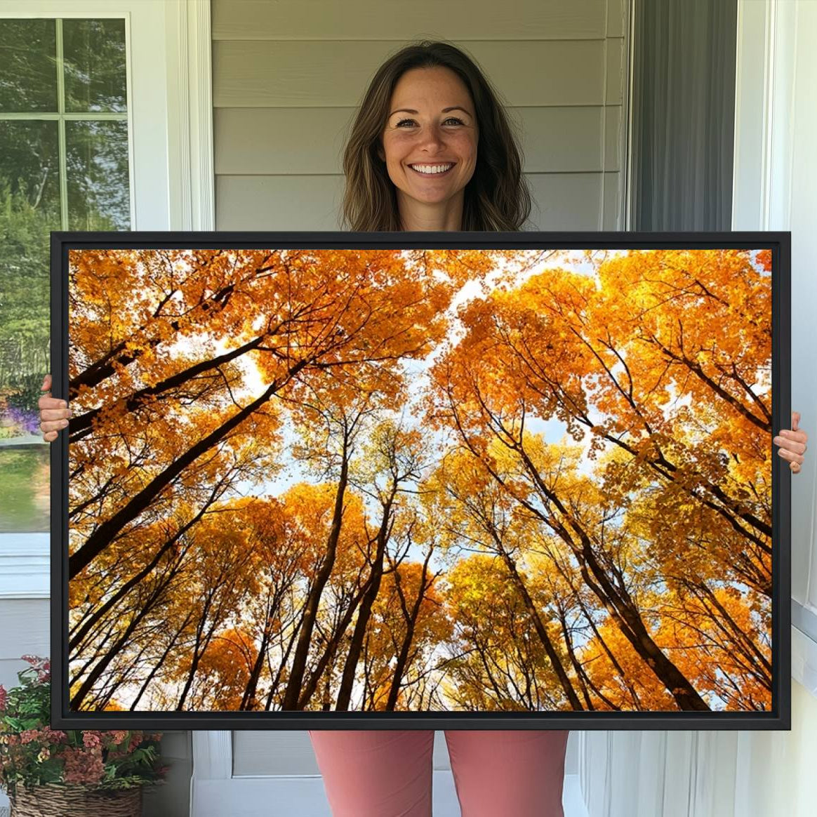 -Golden Autumn Forest Wall Art Print - Vibrant Tree Canopy with Warm Yellow and Orange Foliage, Ready