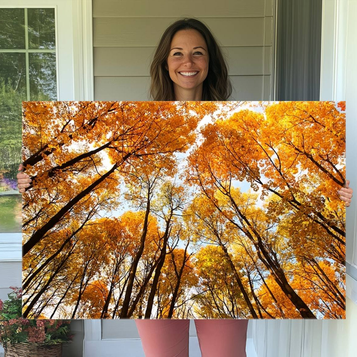 -Golden Autumn Forest Wall Art Print - Vibrant Tree Canopy with Warm Yellow and Orange Foliage, Ready