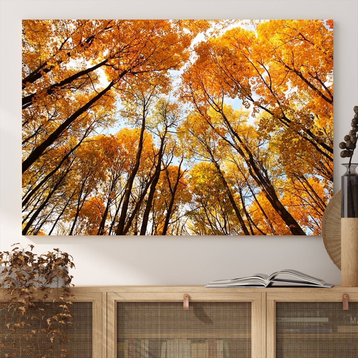 -Golden Autumn Forest Wall Art Print - Vibrant Tree Canopy with Warm Yellow and Orange Foliage, Ready
