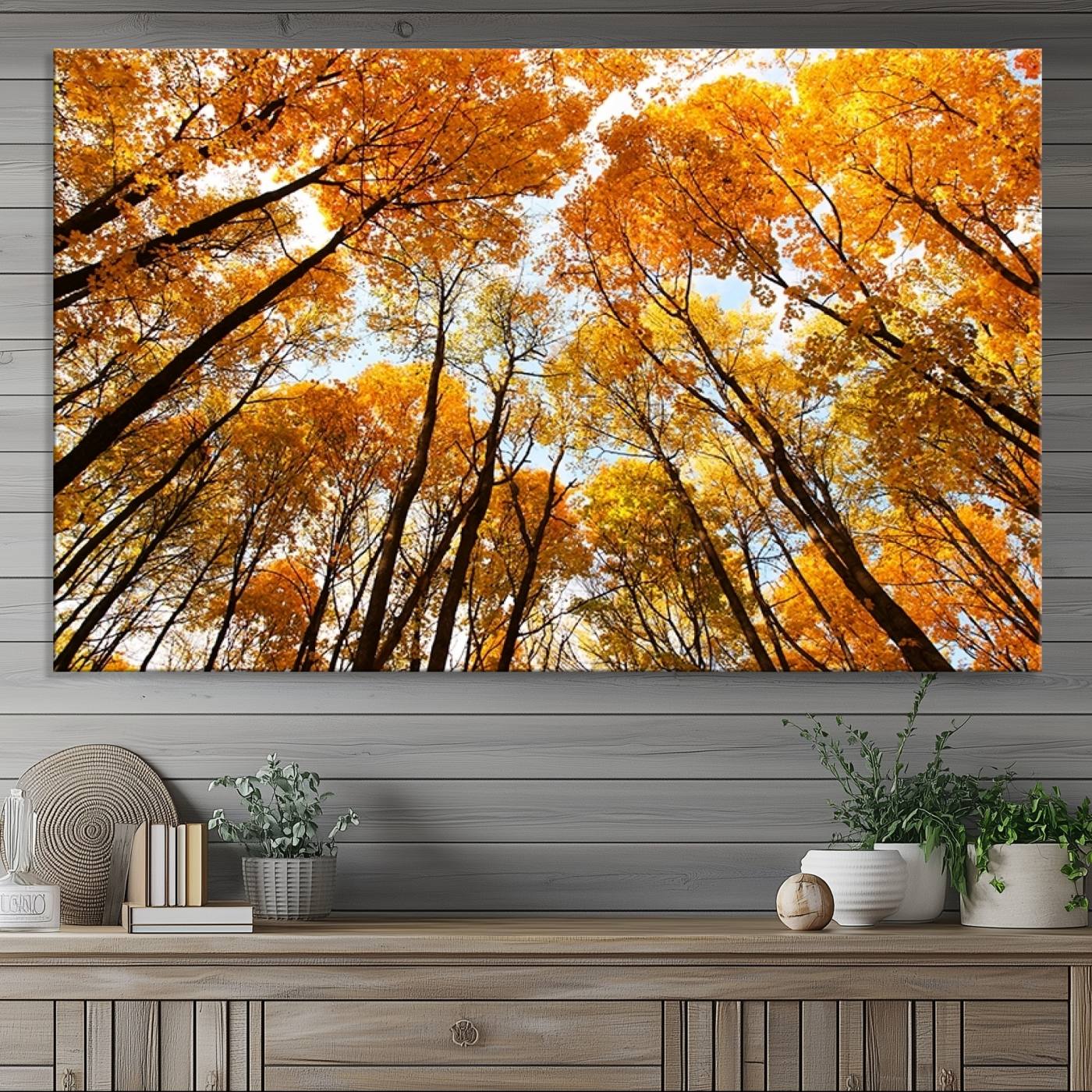 -Golden Autumn Forest Wall Art Print - Vibrant Tree Canopy with Warm Yellow and Orange Foliage, Ready