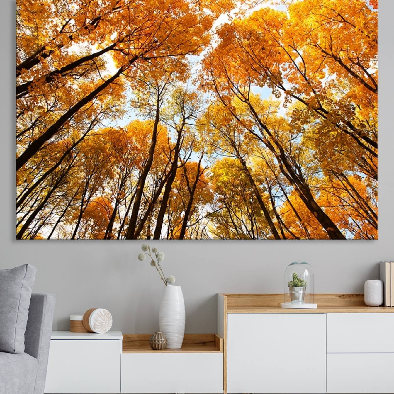 -Golden Autumn Forest Wall Art Print - Vibrant Tree Canopy with Warm Yellow and Orange Foliage, Ready