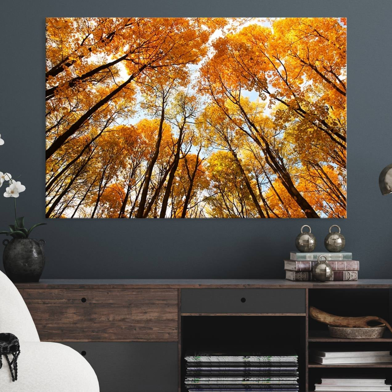 -Golden Autumn Forest Wall Art Print - Vibrant Tree Canopy with Warm Yellow and Orange Foliage, Ready