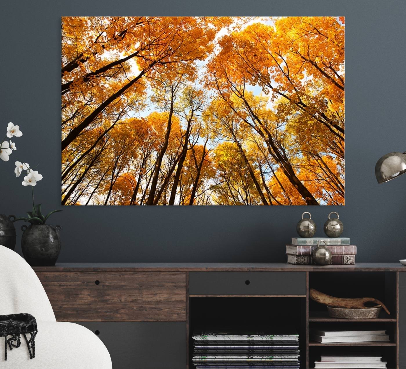 -Golden Autumn Forest Wall Art Print - Vibrant Tree Canopy with Warm Yellow and Orange Foliage, Ready
