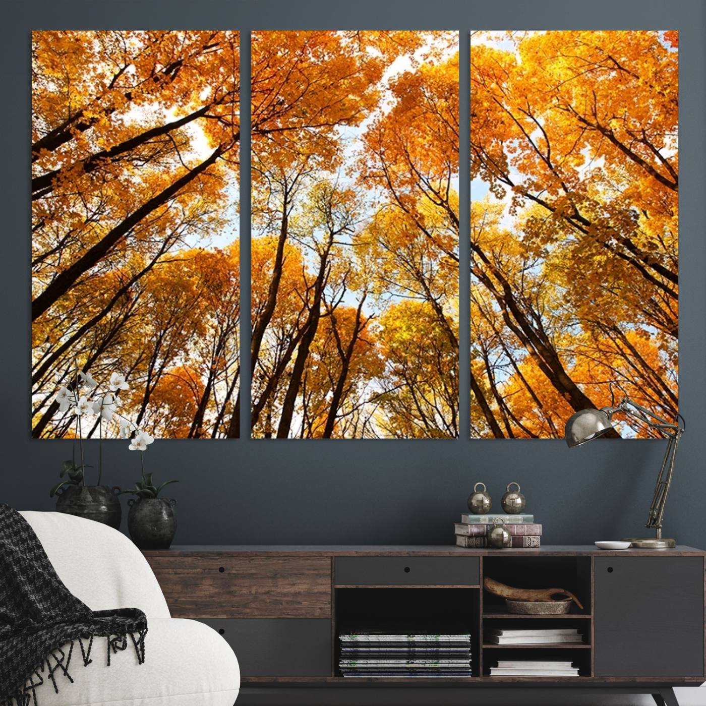 62292-MGV-CV-48X32-3P-Golden Autumn Forest Wall Art Print - Vibrant Tree Canopy with Warm Yellow and Orange Foliage, Ready