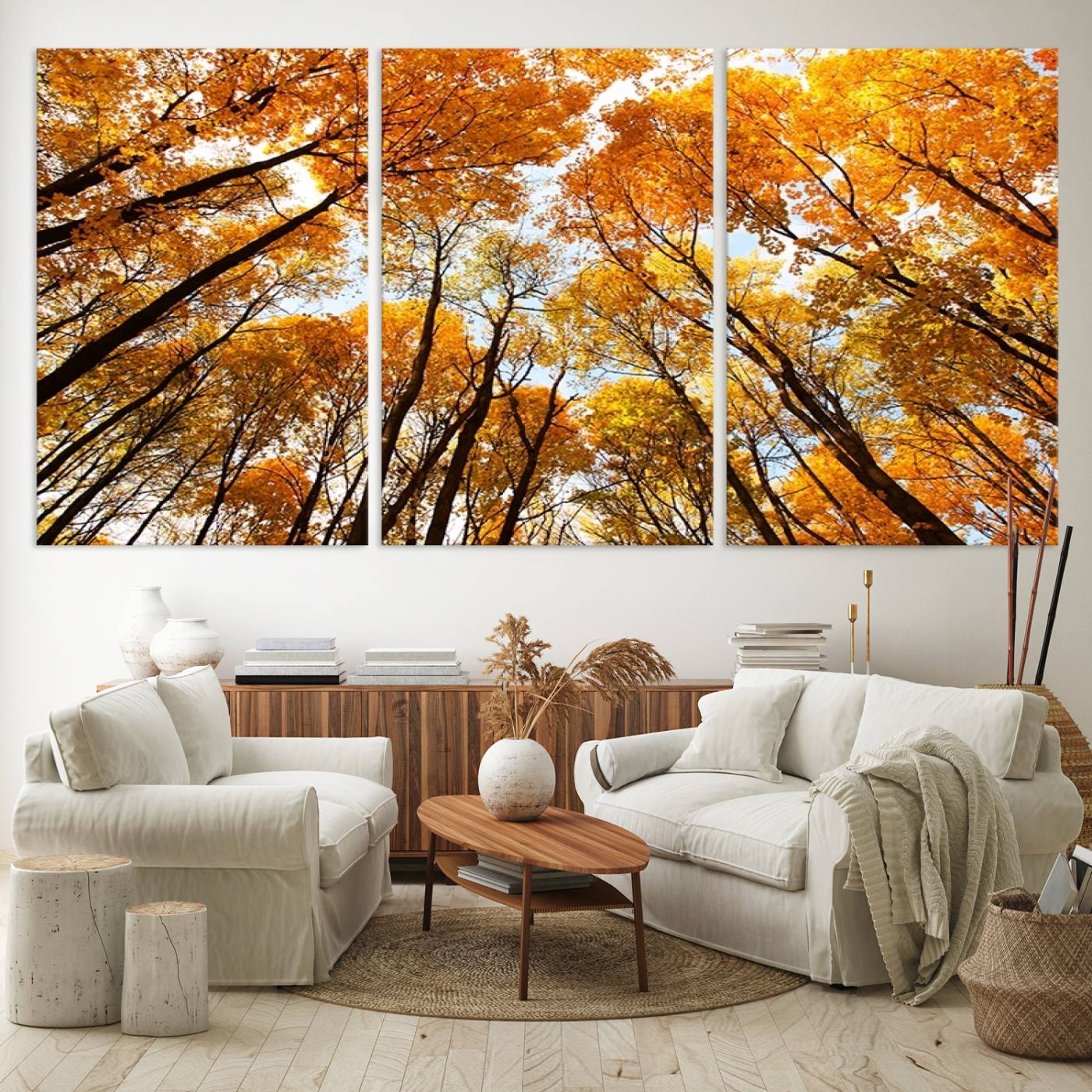 62292-MGV-CV-60X30-3P-Golden Autumn Forest Wall Art Print - Vibrant Tree Canopy with Warm Yellow and Orange Foliage, Ready
