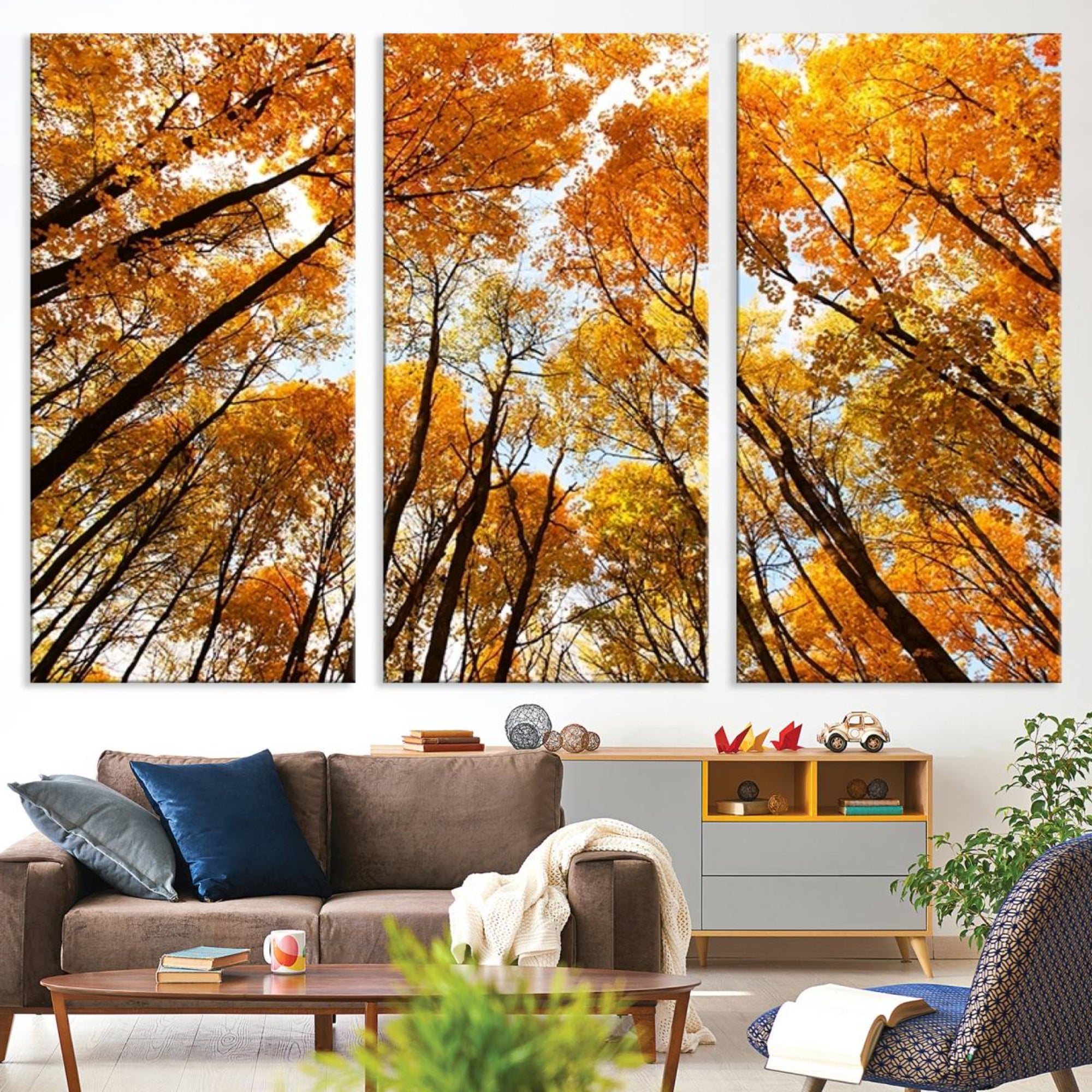 -Golden Autumn Forest Wall Art Print - Vibrant Tree Canopy with Warm Yellow and Orange Foliage, Ready