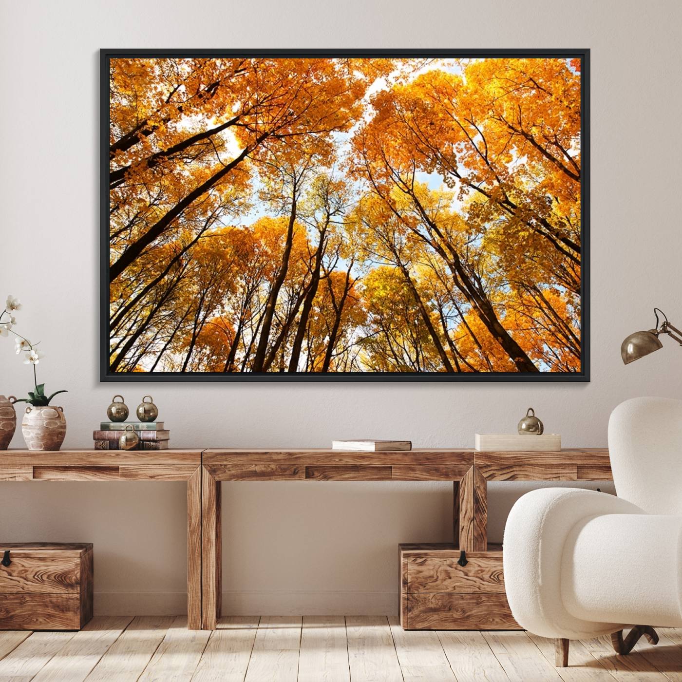 62292-MGV-FC-36X24_Black-Golden Autumn Forest Wall Art Canvas Print – Framed Vibrant Tree Canopy with Warm Fall Foliage Artwork for Home, Office