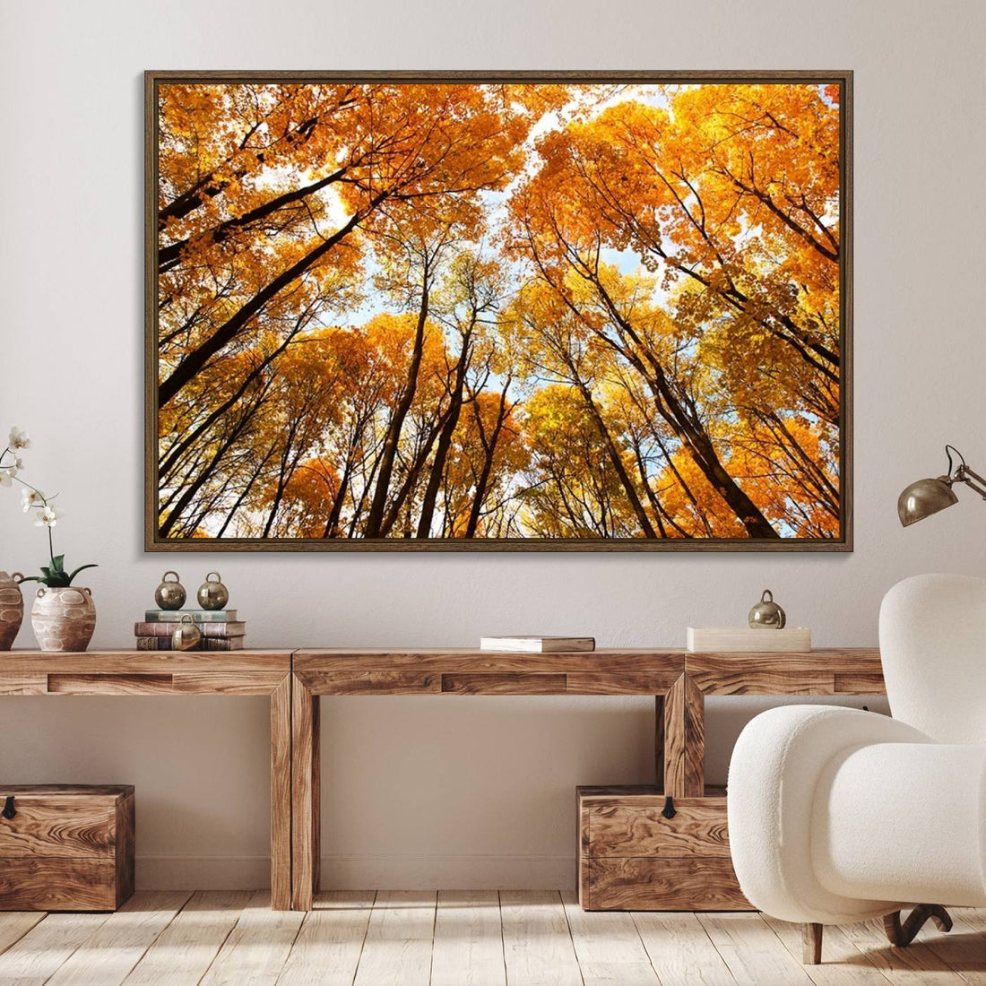 Golden Autumn Forest Wall Art Canvas Print | Framed Vibrant Tree Canopy