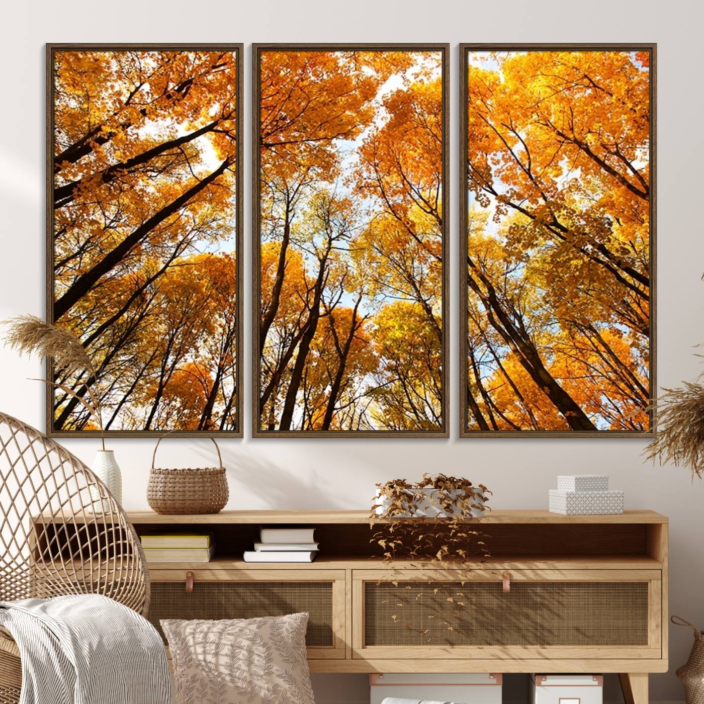 62292-MGV-FC-48X32-3P_Walnut-Golden Autumn Forest Wall Art Print - Vibrant Tree Canopy with Warm Yellow and Orange Foliage, Ready