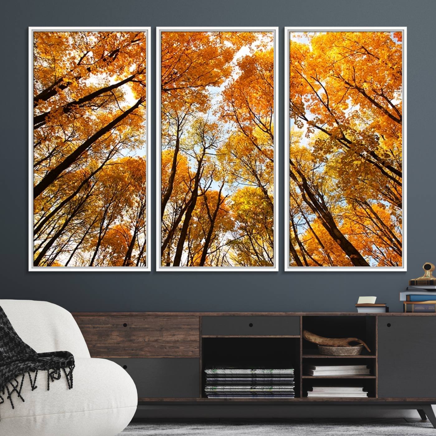 62292-MGV-FC-48X32-3P_White-Golden Autumn Forest Wall Art Print - Vibrant Tree Canopy with Warm Yellow and Orange Foliage, Ready