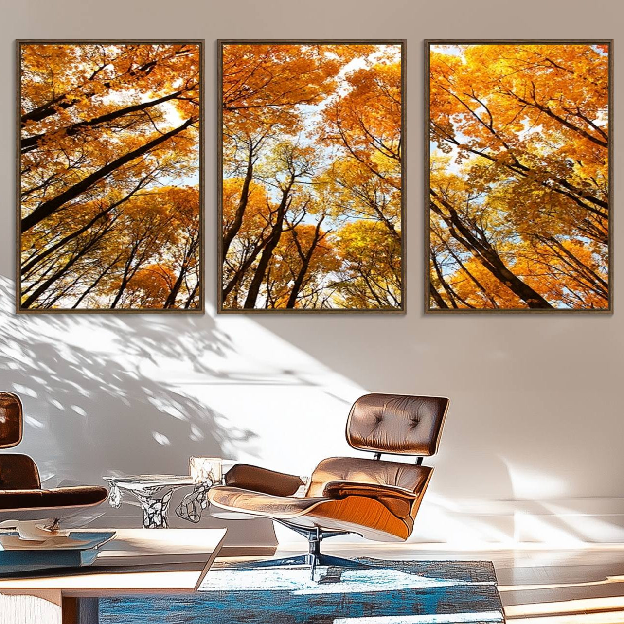 62292-MGV-FC-60X30-3P_Walnut-Golden Autumn Forest Wall Art Print - Vibrant Tree Canopy with Warm Yellow and Orange Foliage, Ready
