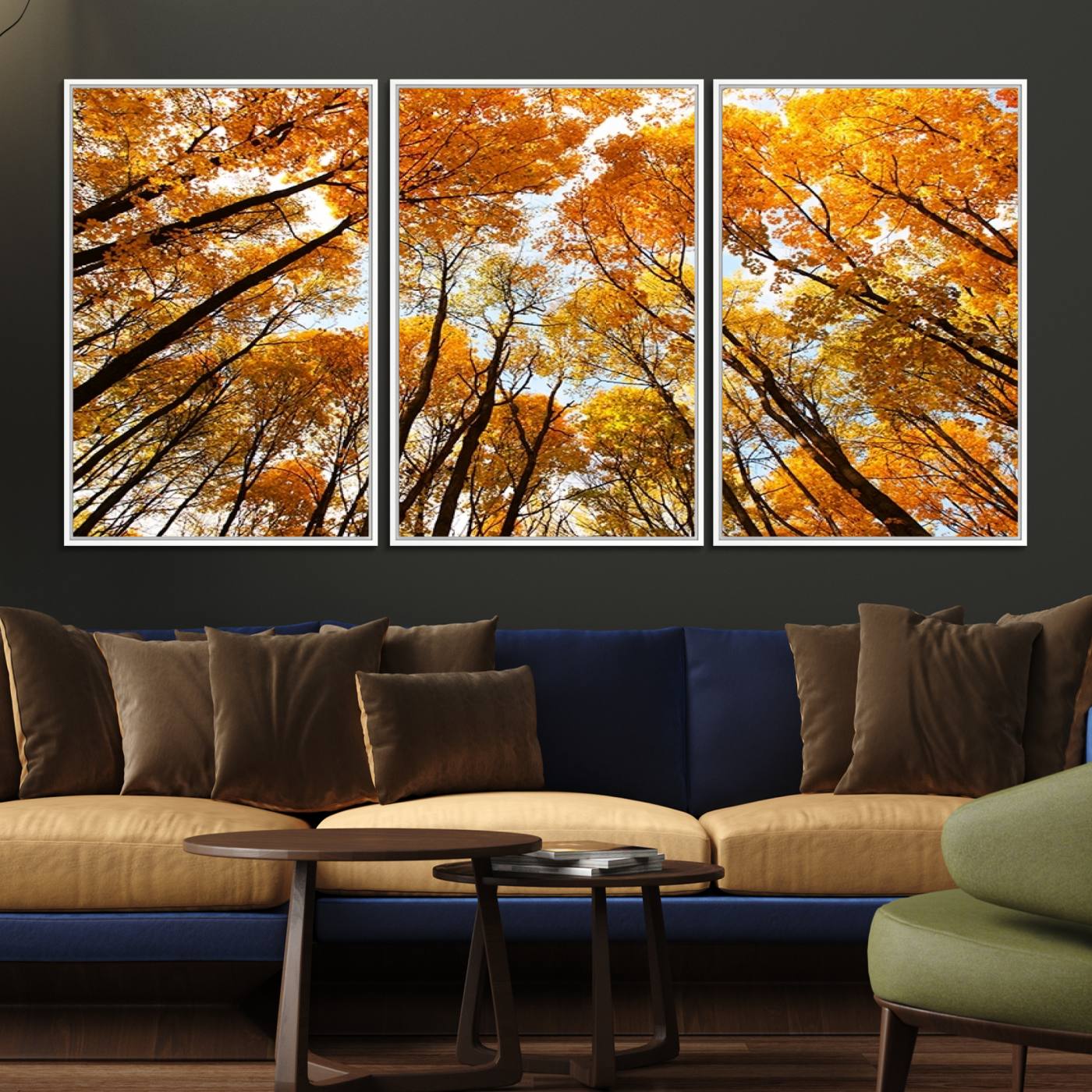 62292-MGV-FC-60X30-3P_White-Golden Autumn Forest Wall Art Print - Vibrant Tree Canopy with Warm Yellow and Orange Foliage, Ready