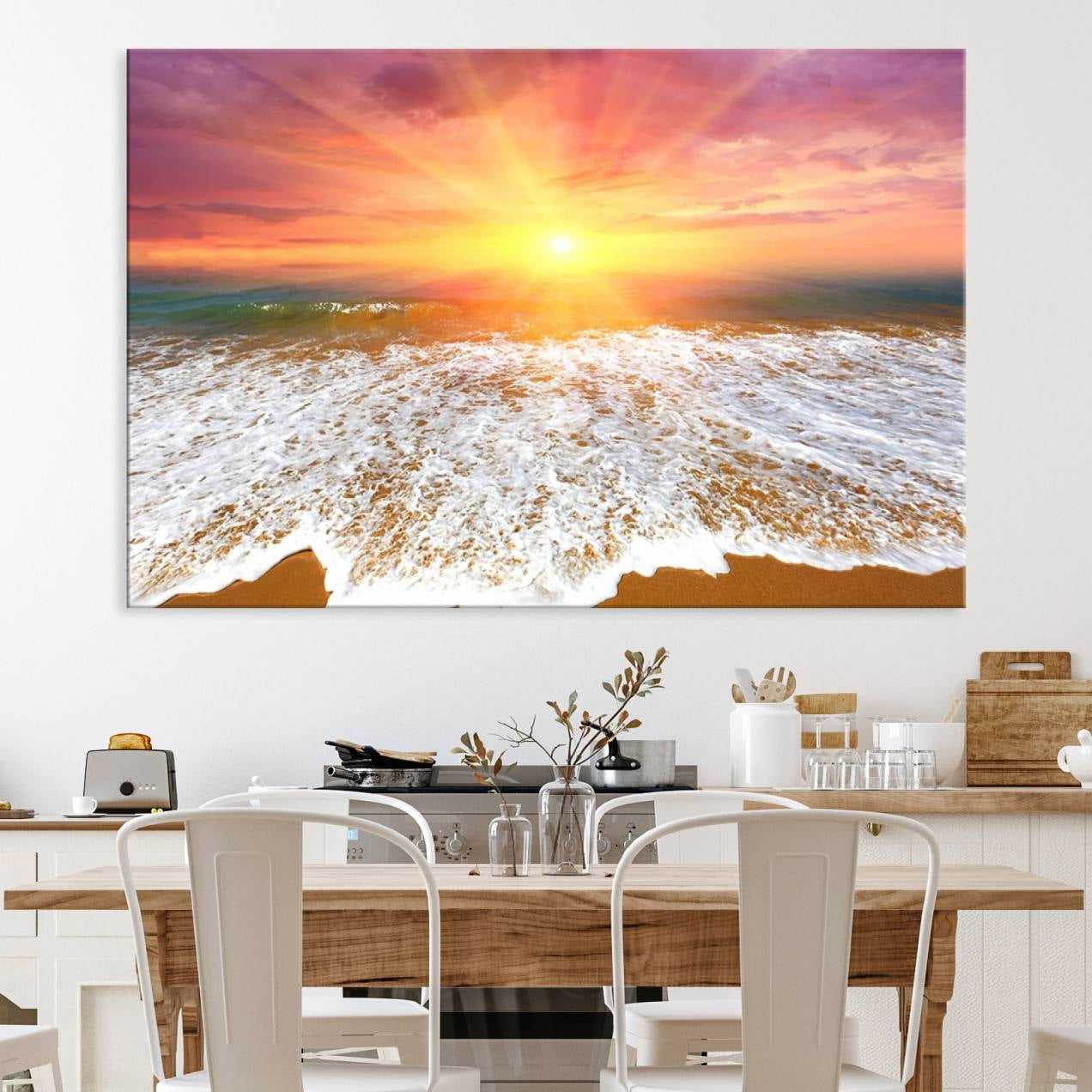 -Golden Beach Sunrise Canvas Wall Art, 3-Panel Giclee Print Featuring Ocean Waves on Sandy Shore,
