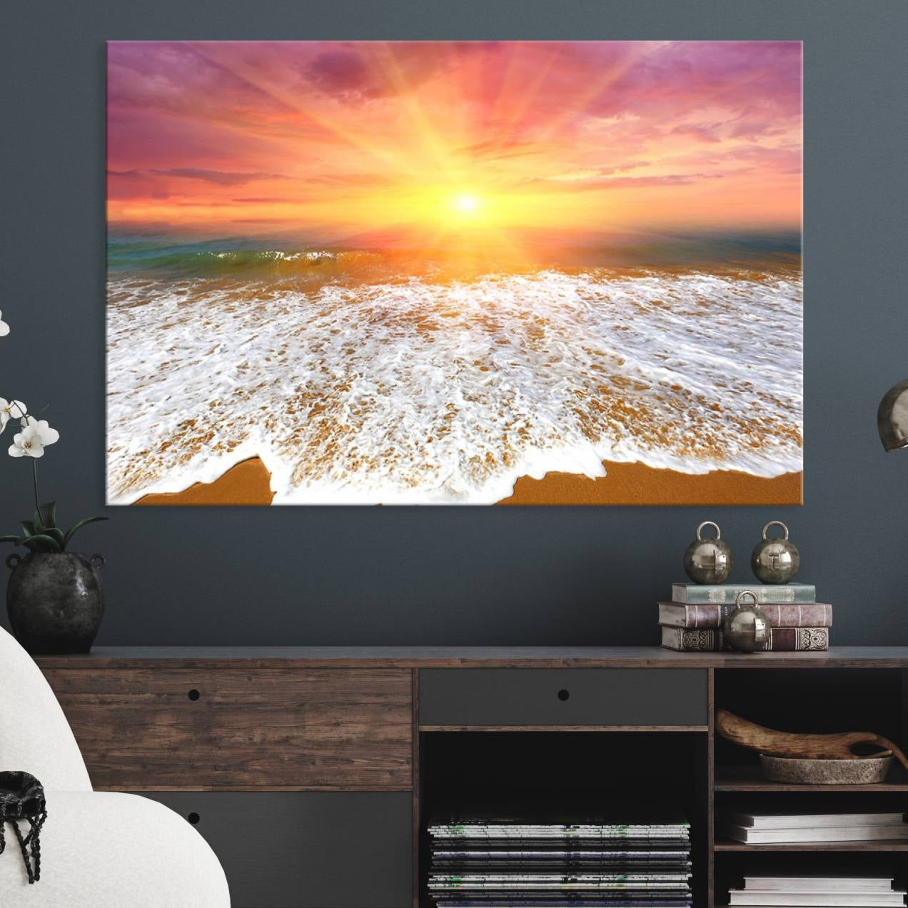 -Golden Beach Sunrise Canvas Wall Art, 3-Panel Giclee Print Featuring Ocean Waves on Sandy Shore,