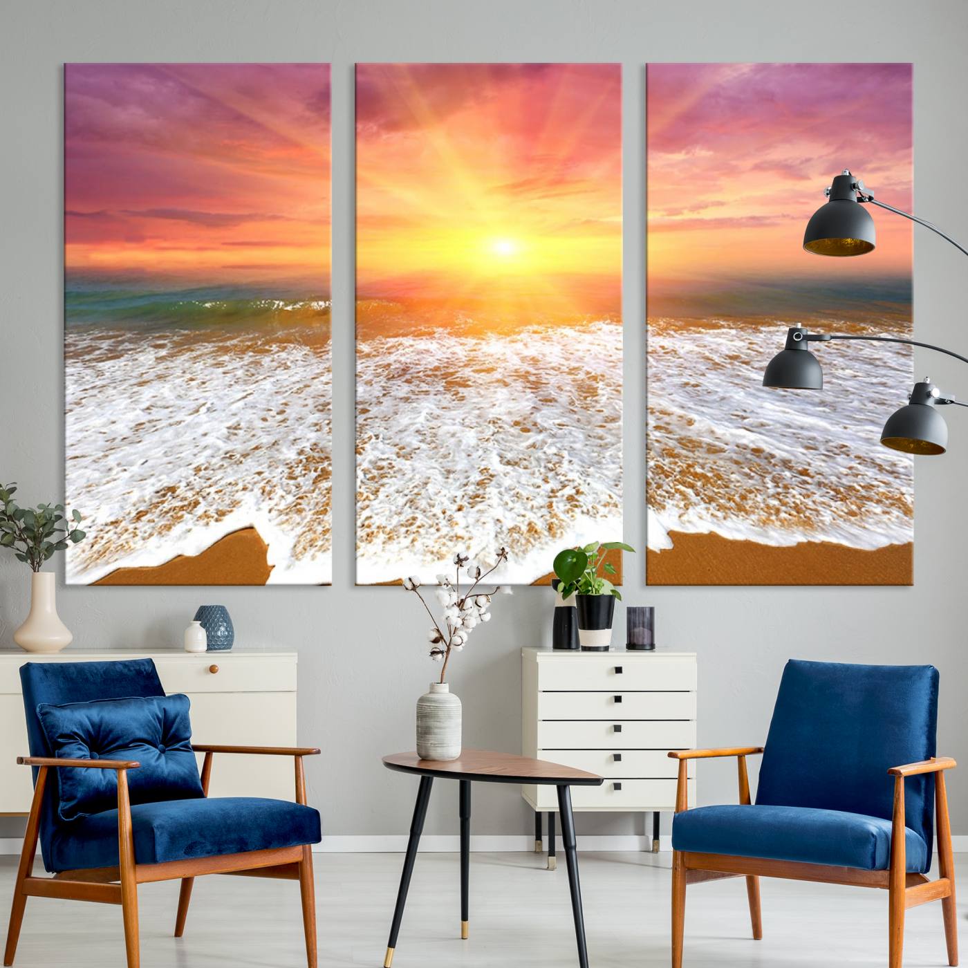 -Golden Beach Sunrise Canvas Wall Art, 3-Panel Giclee Print Featuring Ocean Waves on Sandy Shore,
