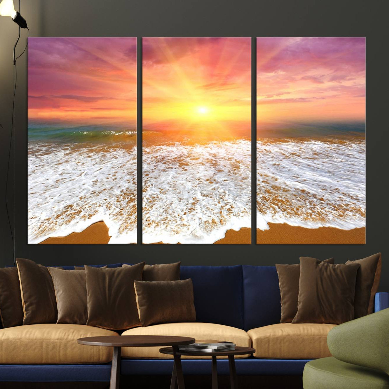-Golden Beach Sunrise Canvas Wall Art, 3-Panel Giclee Print Featuring Ocean Waves on Sandy Shore,