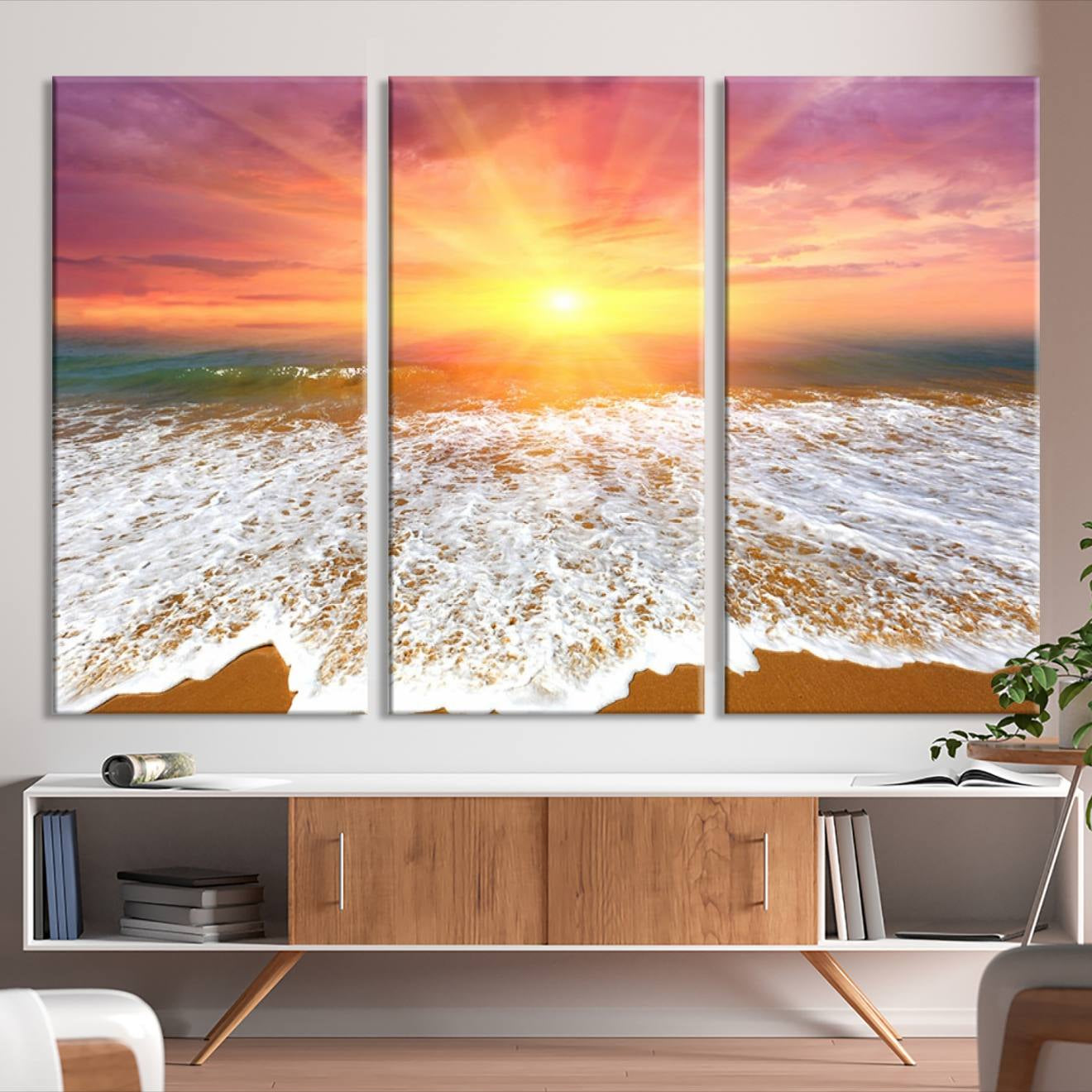 -Golden Beach Sunrise Canvas Wall Art, 3-Panel Giclee Print Featuring Ocean Waves on Sandy Shore,