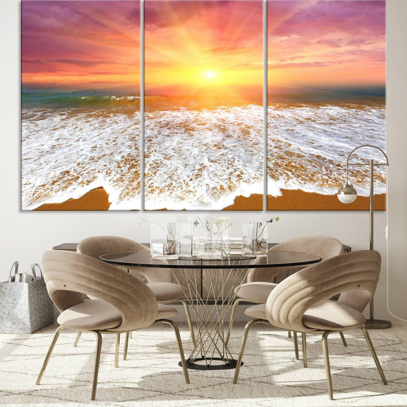 -Golden Beach Sunrise Canvas Wall Art, 3-Panel Giclee Print Featuring Ocean Waves on Sandy Shore,