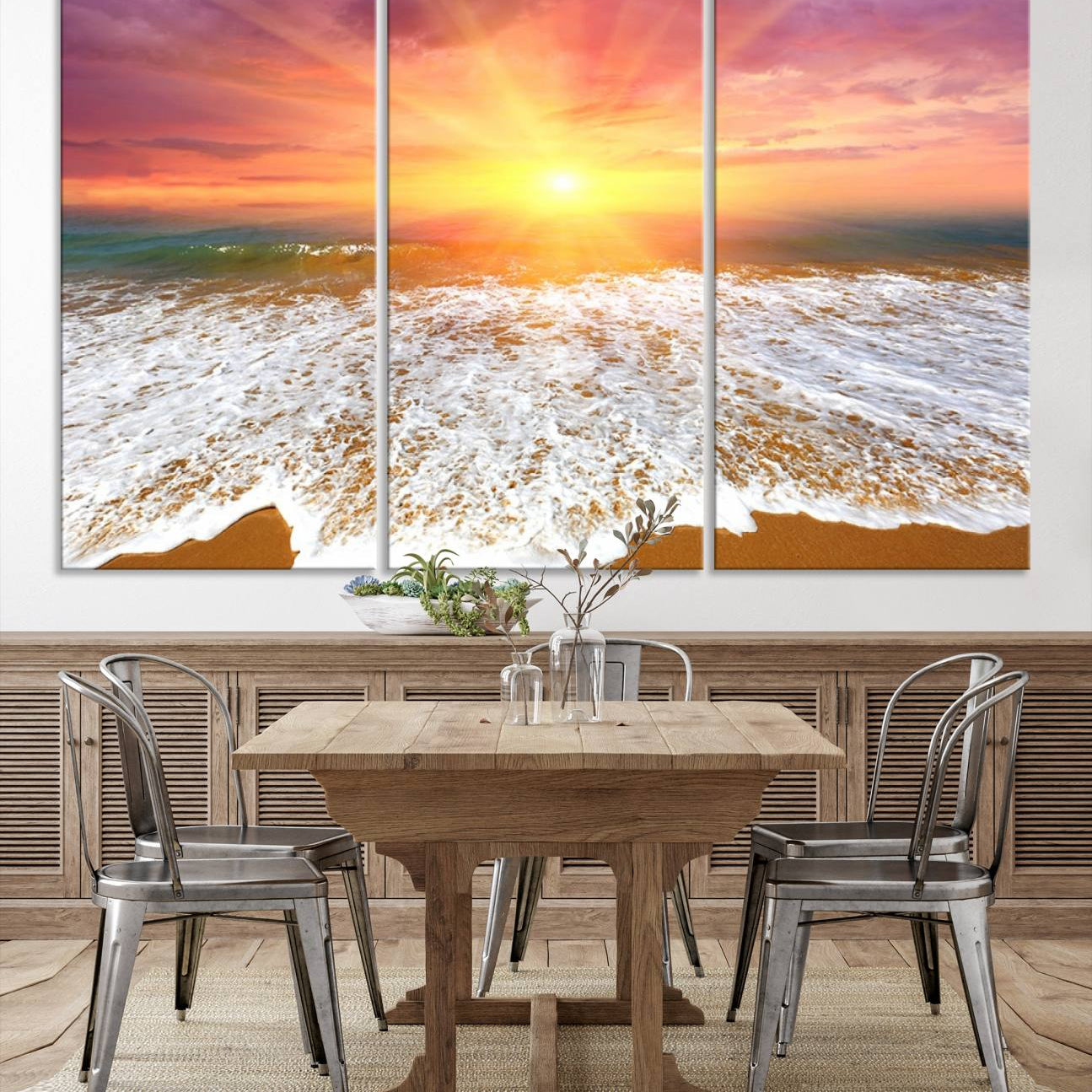 -Golden Beach Sunrise Canvas Wall Art, 3-Panel Giclee Print Featuring Ocean Waves on Sandy Shore,