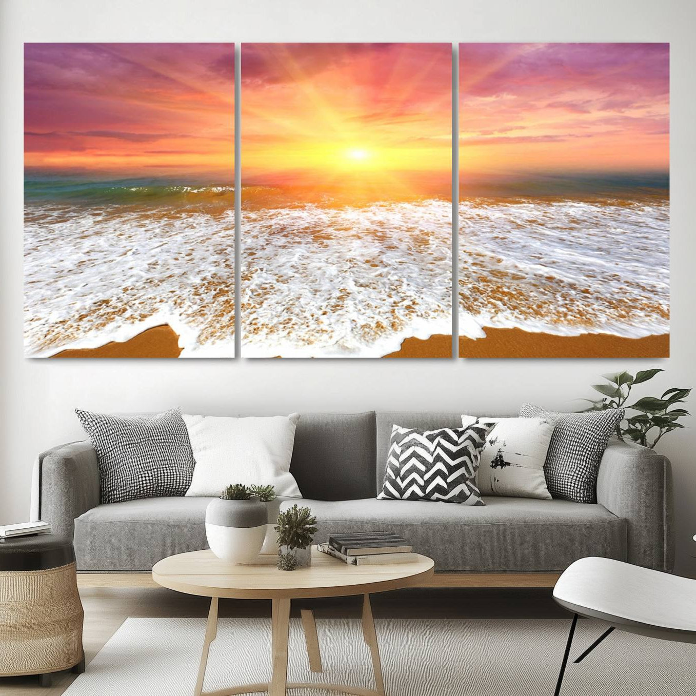 -Golden Beach Sunrise Canvas Wall Art, 3-Panel Giclee Print Featuring Ocean Waves on Sandy Shore,
