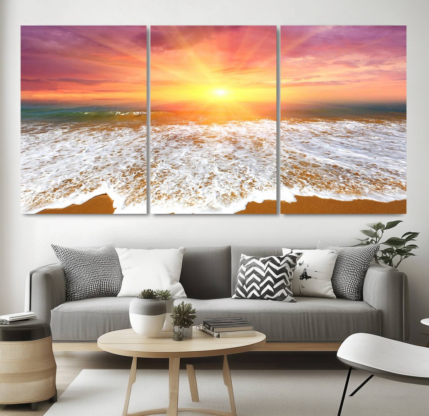 -Golden Beach Sunrise Canvas Wall Art, 3-Panel Giclee Print Featuring Ocean Waves on Sandy Shore,