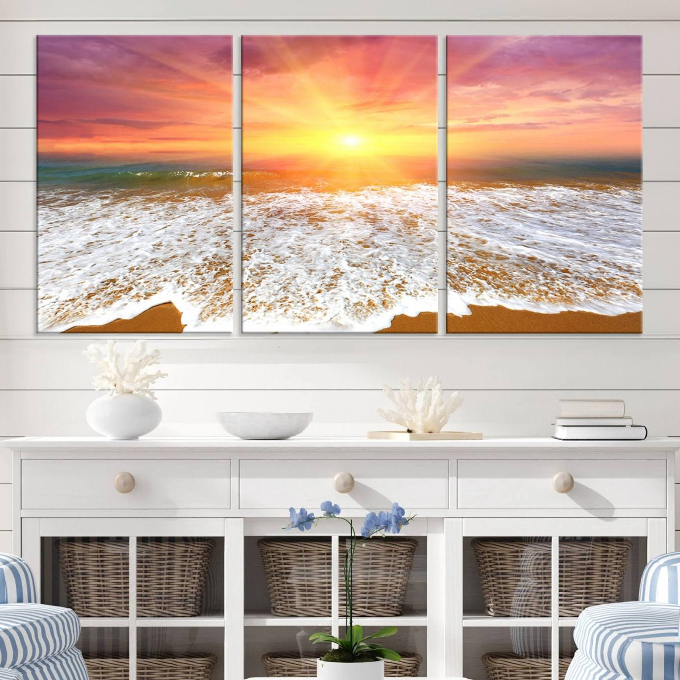 -Golden Beach Sunrise Canvas Wall Art, 3-Panel Giclee Print Featuring Ocean Waves on Sandy Shore,