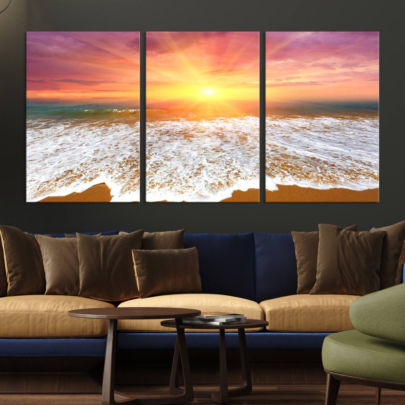 -Golden Beach Sunrise Canvas Wall Art, 3-Panel Giclee Print Featuring Ocean Waves on Sandy Shore,