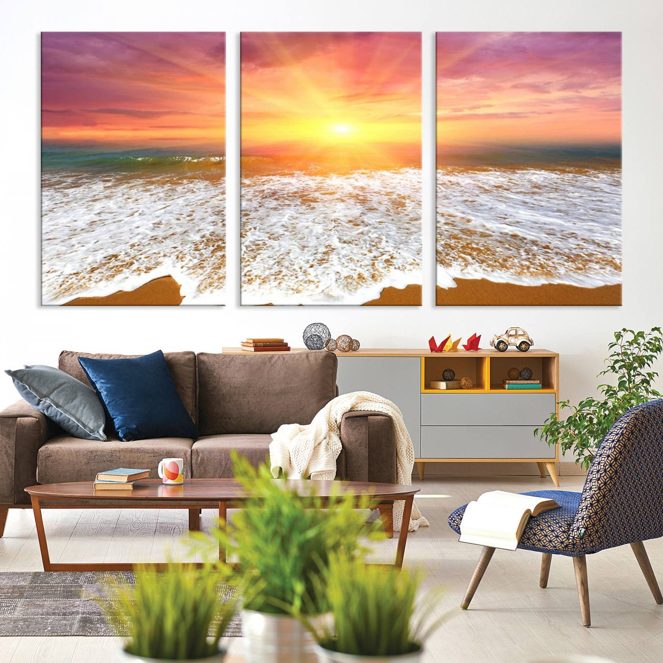 -Golden Beach Sunrise Canvas Wall Art, 3-Panel Giclee Print Featuring Ocean Waves on Sandy Shore,