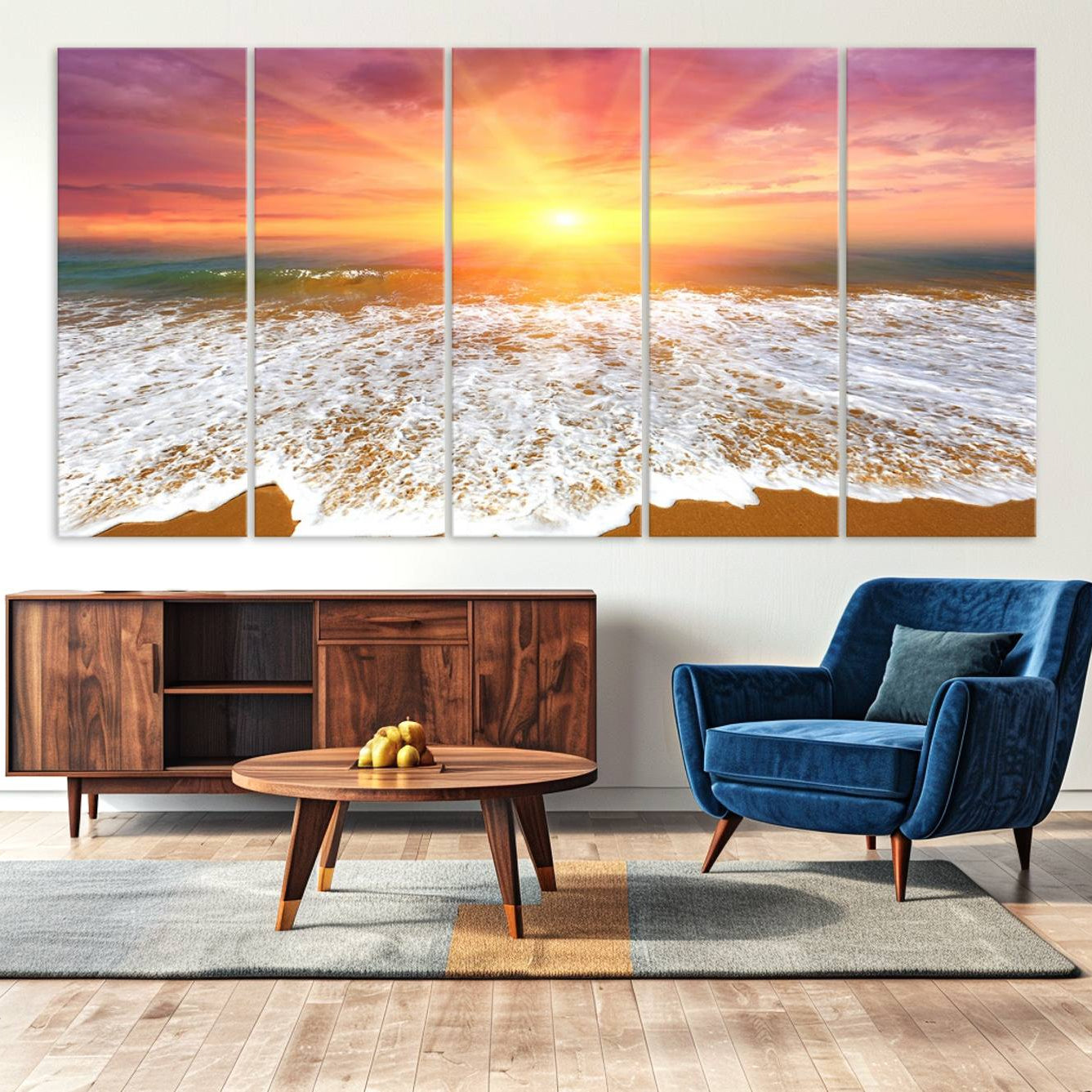 -Golden Beach Sunrise Canvas Wall Art, 3-Panel Giclee Print Featuring Ocean Waves on Sandy Shore,