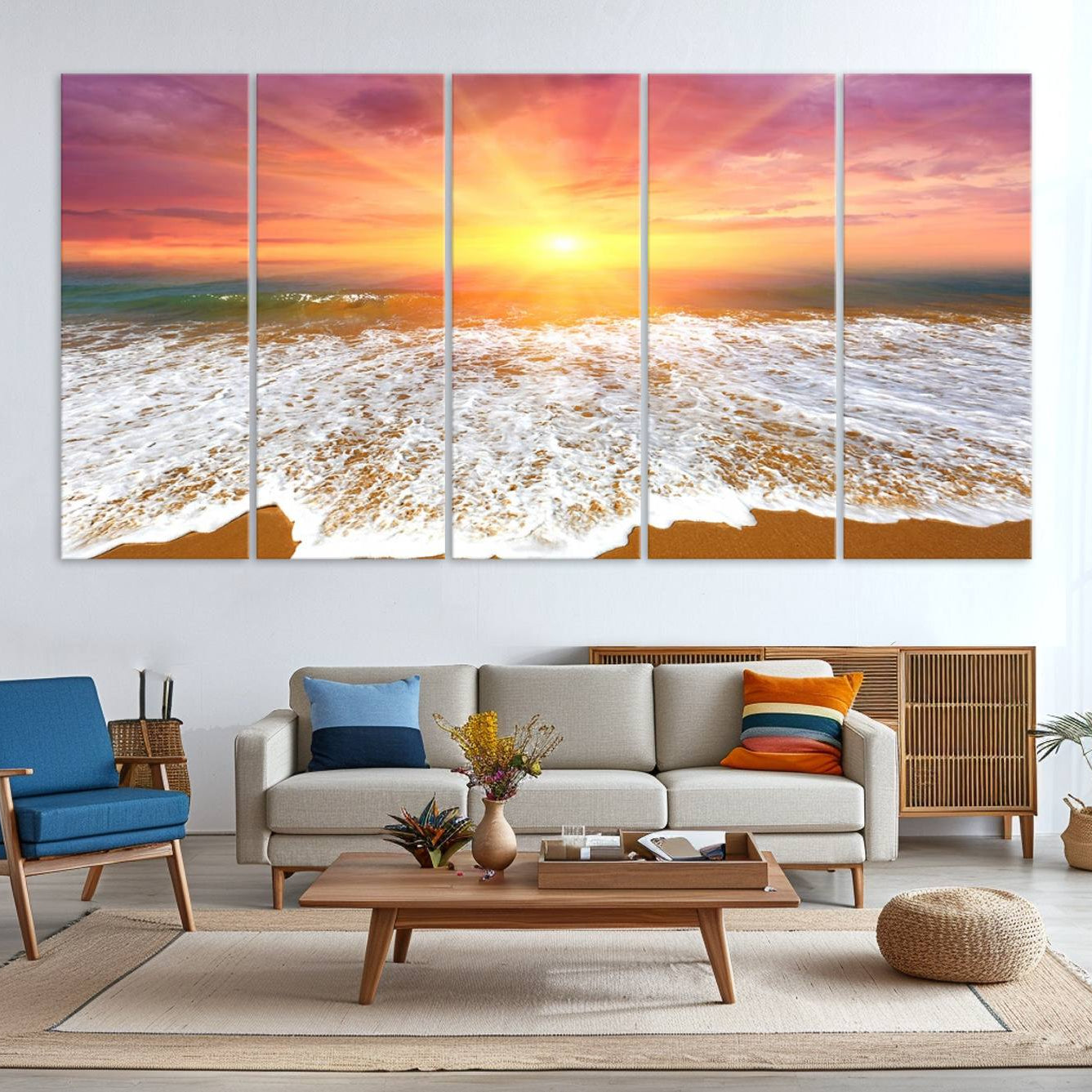 -Golden Beach Sunrise Canvas Wall Art, 3-Panel Giclee Print Featuring Ocean Waves on Sandy Shore,