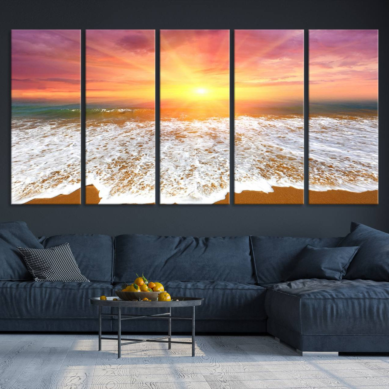 -Golden Beach Sunrise Canvas Wall Art, 3-Panel Giclee Print Featuring Ocean Waves on Sandy Shore,