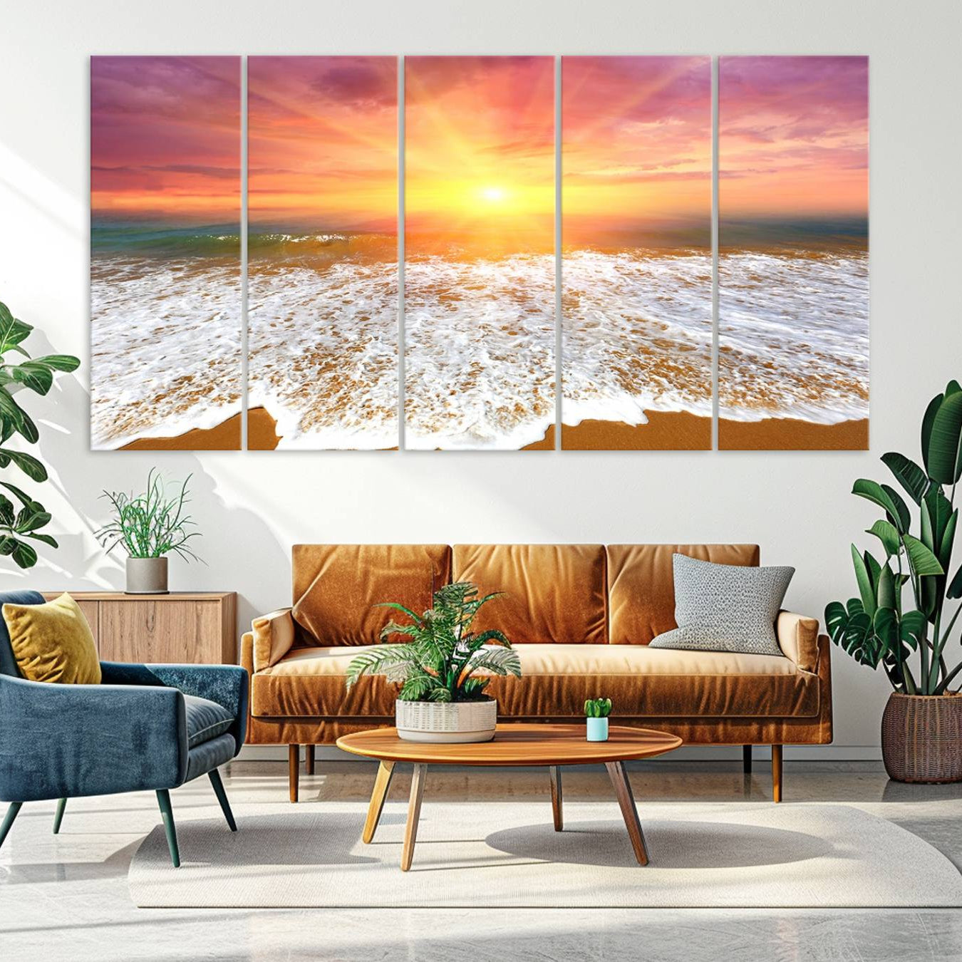 -Golden Beach Sunrise Canvas Wall Art, 3-Panel Giclee Print Featuring Ocean Waves on Sandy Shore,