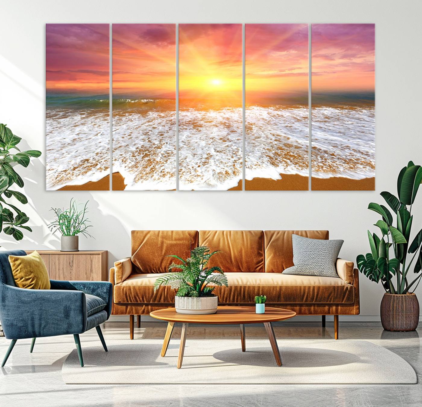 -Golden Beach Sunrise Canvas Wall Art, 3-Panel Giclee Print Featuring Ocean Waves on Sandy Shore,