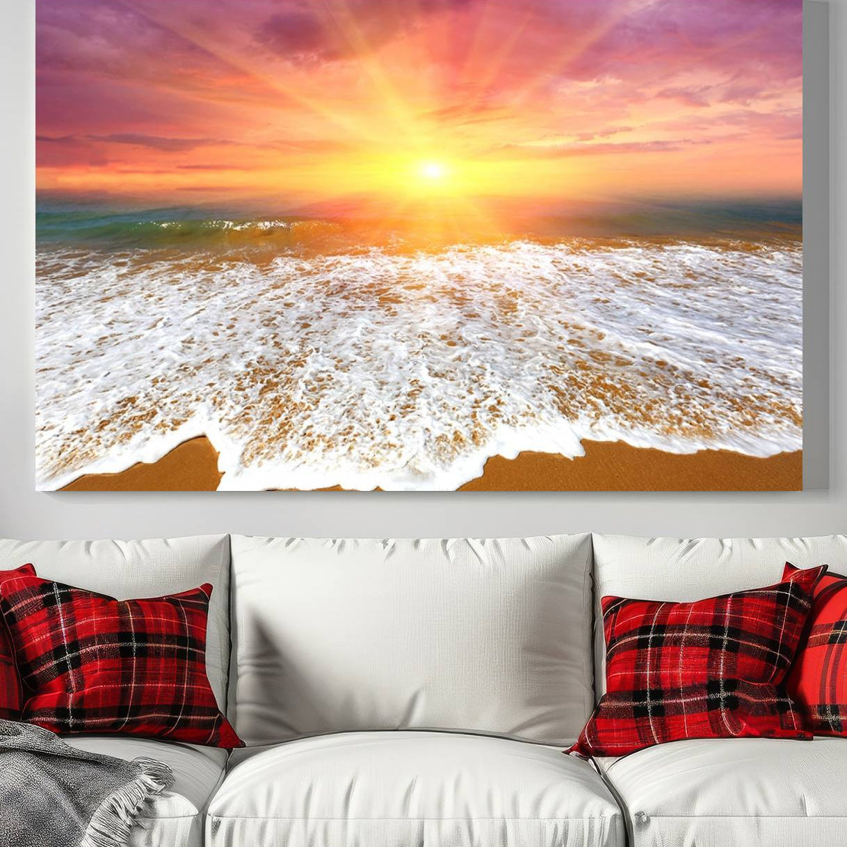 -Golden Beach Sunrise Canvas Wall Art, 3-Panel Giclee Print Featuring Ocean Waves on Sandy Shore,