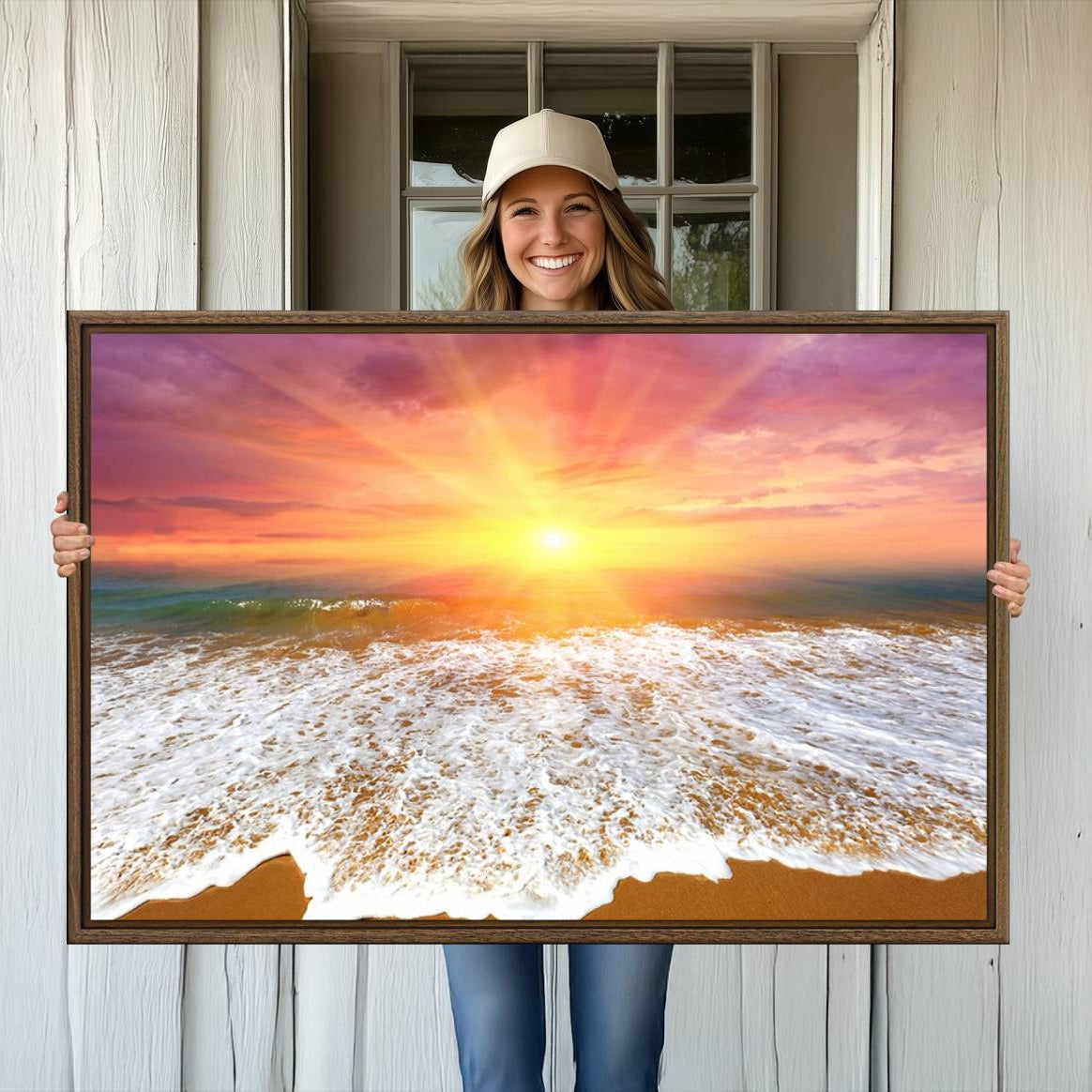 -Golden Beach Sunrise Canvas Wall Art, 3-Panel Giclee Print Featuring Ocean Waves on Sandy Shore,