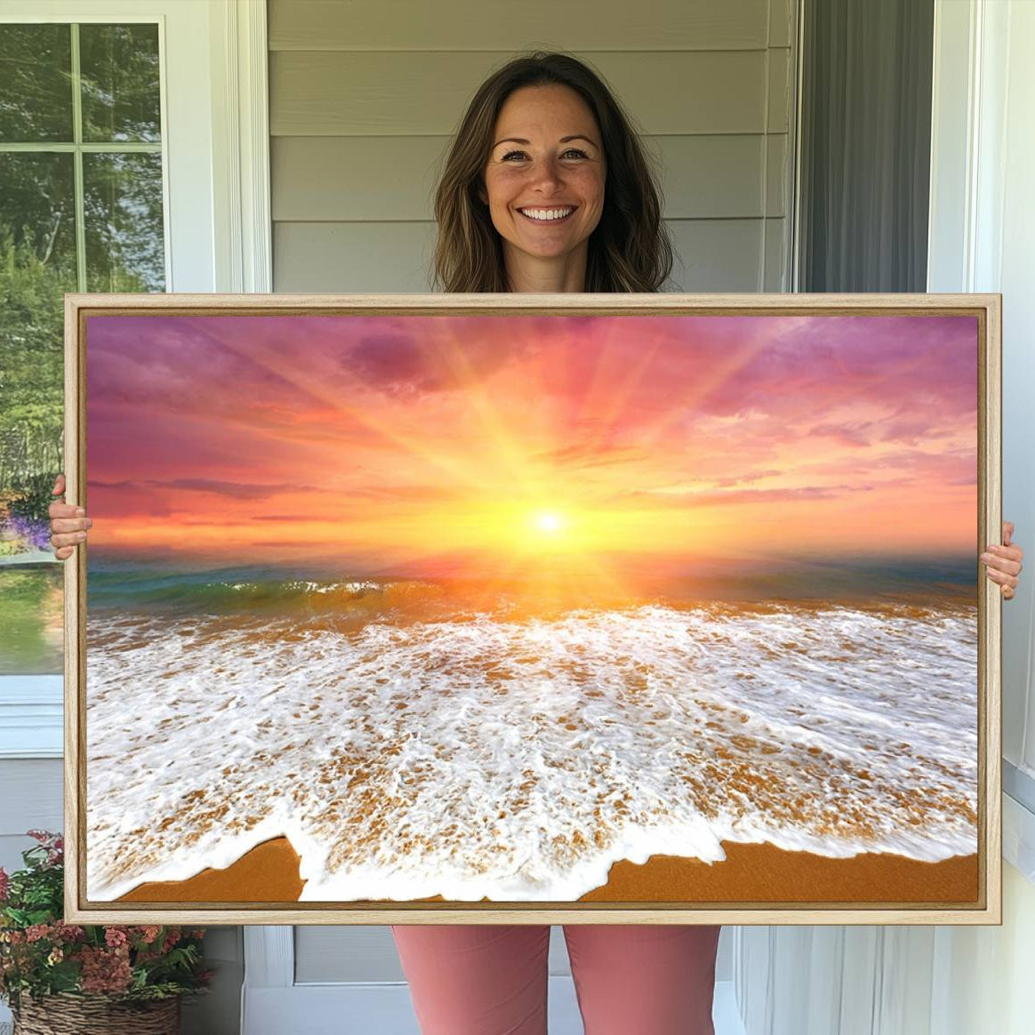 -Golden Beach Sunrise Canvas Wall Art, 3-Panel Giclee Print Featuring Ocean Waves on Sandy Shore,