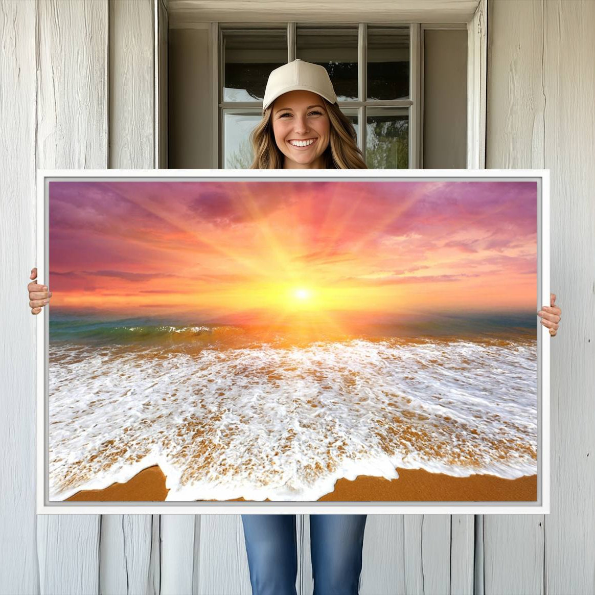 -Golden Beach Sunrise Canvas Wall Art, 3-Panel Giclee Print Featuring Ocean Waves on Sandy Shore,