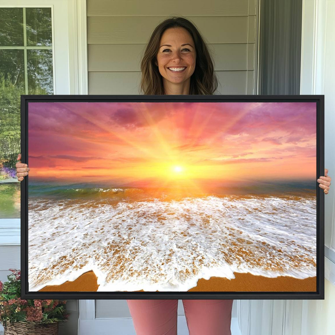 -Golden Beach Sunrise Canvas Wall Art, 3-Panel Giclee Print Featuring Ocean Waves on Sandy Shore,
