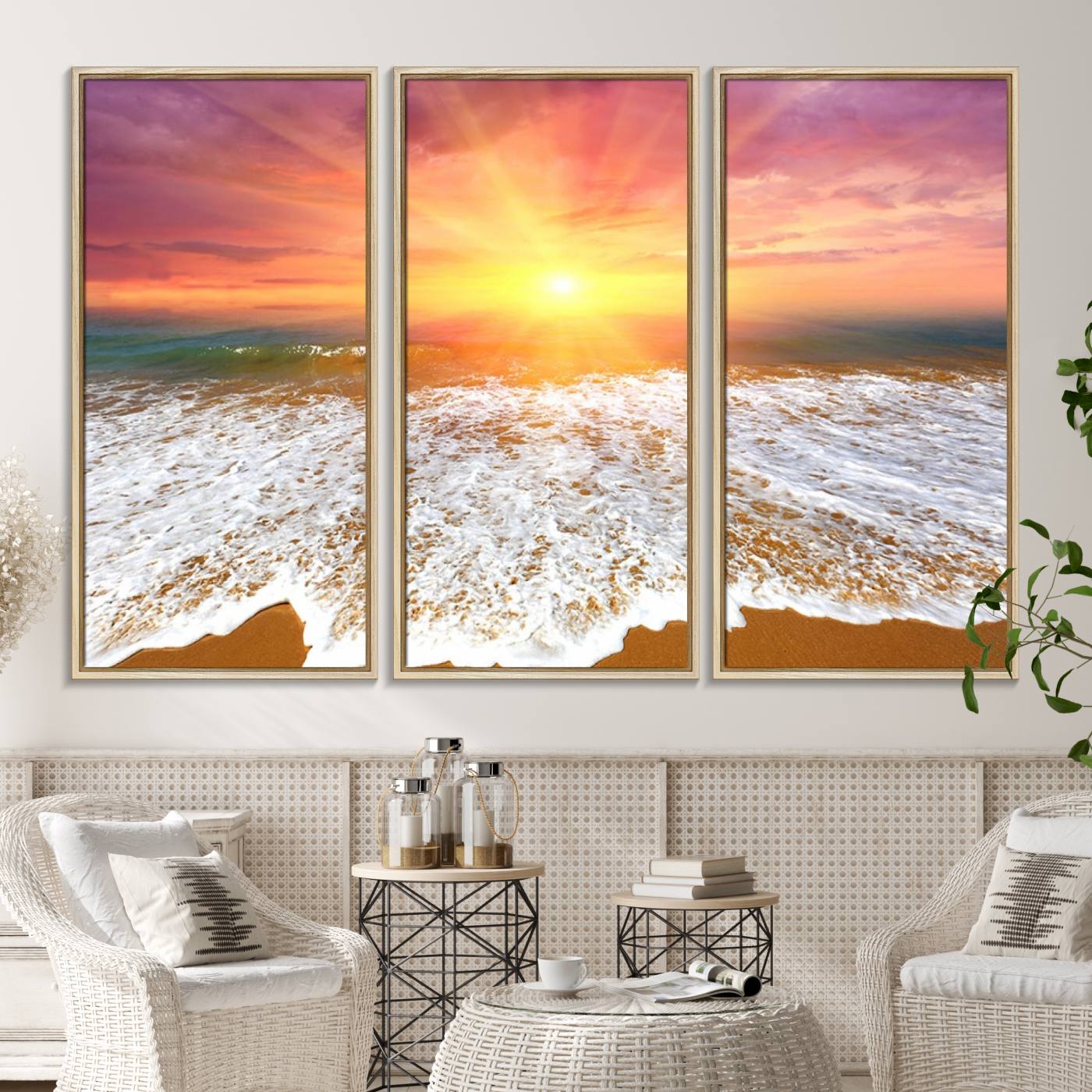 -Golden Beach Sunrise Canvas Wall Art, 3-Panel Giclee Print Featuring Ocean Waves on Sandy Shore,
