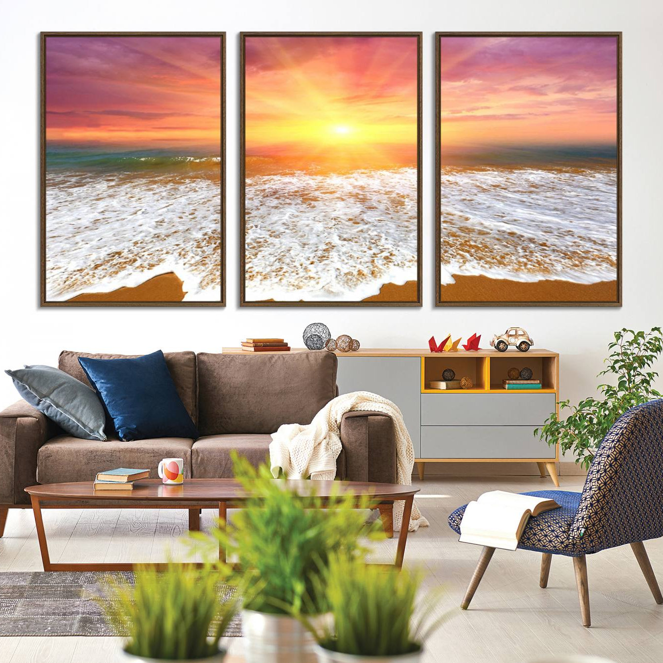-Golden Beach Sunrise Canvas Wall Art, 3-Panel Giclee Print Featuring Ocean Waves on Sandy Shore,