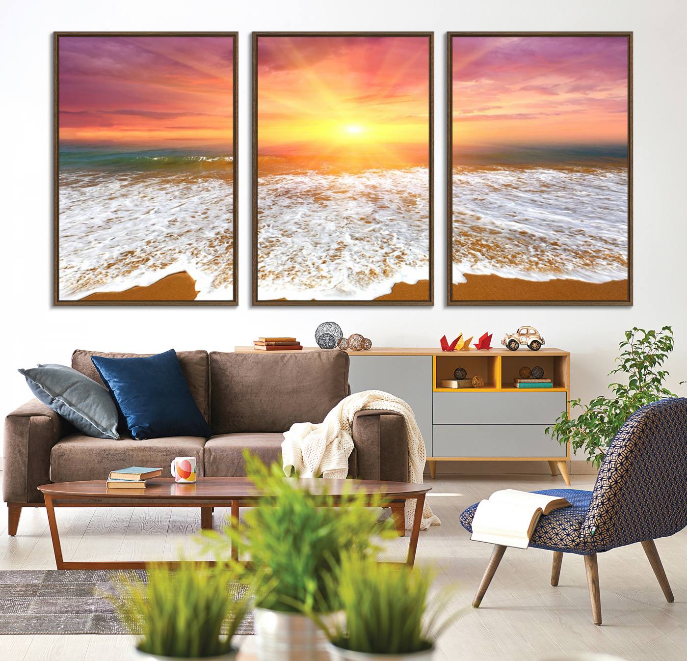 -Golden Beach Sunrise Canvas Wall Art, 3-Panel Giclee Print Featuring Ocean Waves on Sandy Shore,